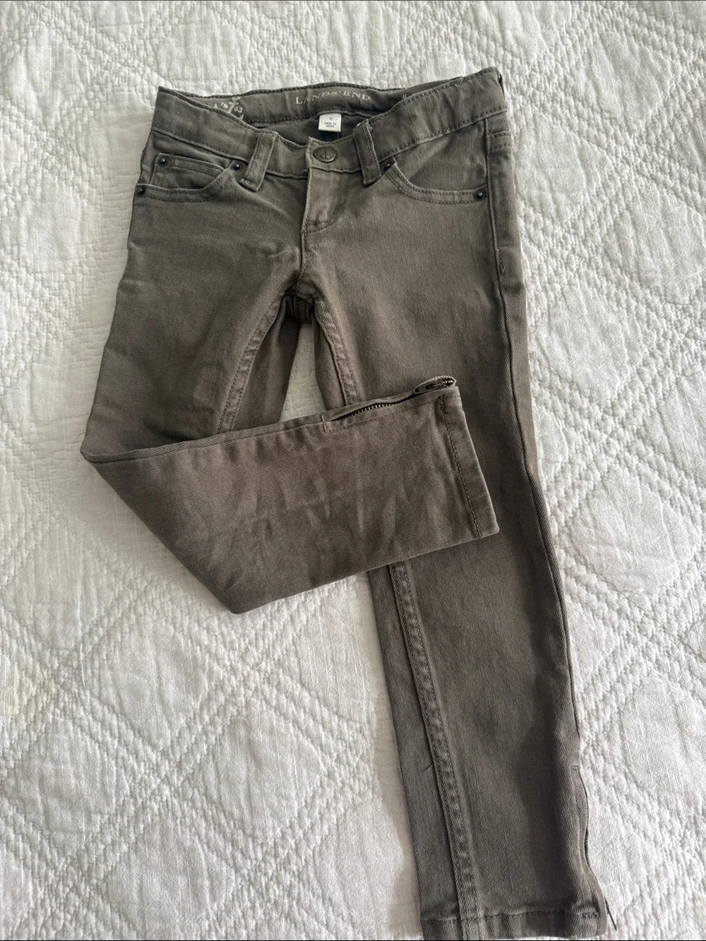 Lands end olive green skinny pencil leg jeans for toddler girls zipper sides 4